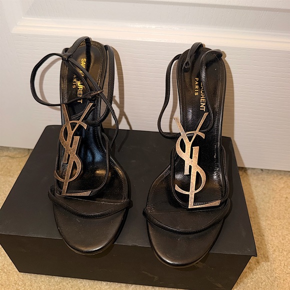 Yves Saint Laurent Shoes - Saint Laurent YSL Opyum Logo Heels Black Gold Sandals | Size 39